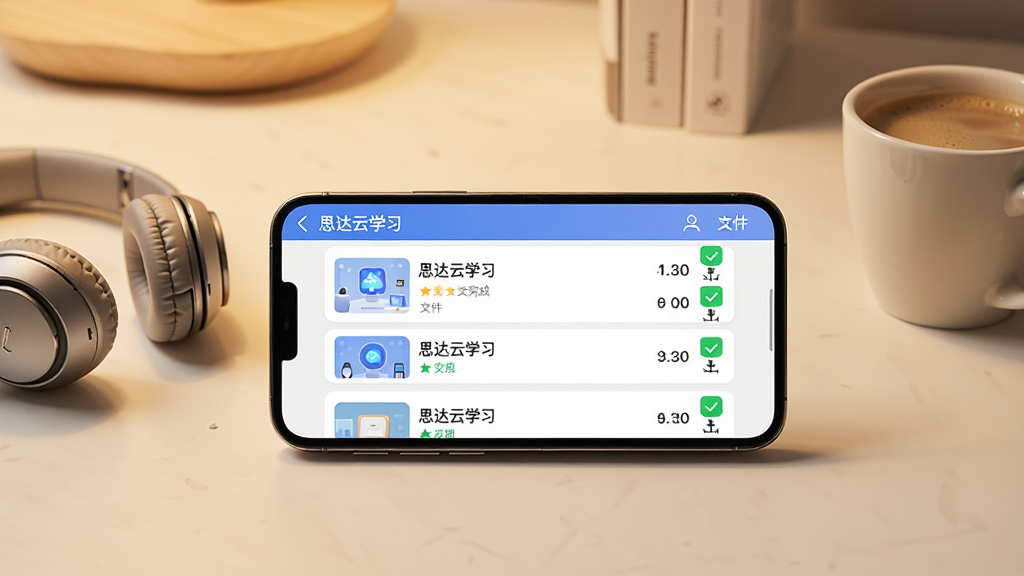 画面主体是一部手机横屏放置在桌面上,屏幕显示“思达云学习”的离线缓存管理界面,列表中有多个课程条目,每个条目右侧有下载完成的绿色对勾图标和文件大小标注;手机旁边放着一副耳机和一杯咖啡,背景是暖色调的书桌场景,风格现代简约,细节清晰,画质干净,无多余元素