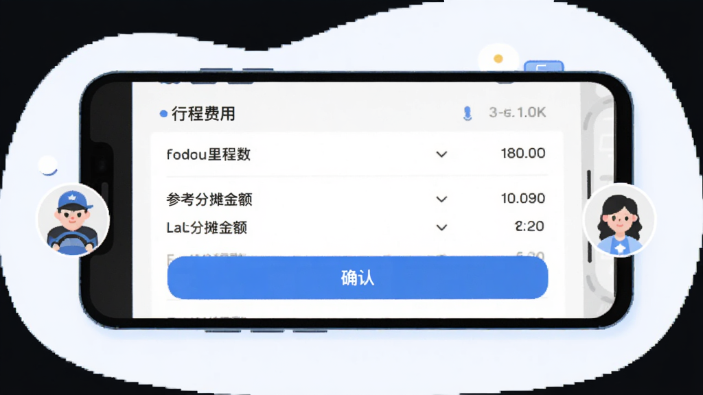 ��ȸ˳�糵���÷�̯����չʾ�廭���ֻ���Ļ��ʾ�г̷�����ϸ�б���������������ο���̯��ȷ�ϰ�ť���Ա��г����ͳ˿�ͷ��ͼ�꣬�������ƽ��������ɫ��������ɾ����࣬��������