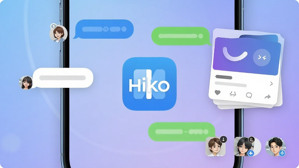 一张展示Hiko软件主界面的手机截图,画面中央是Hiko的应用图标,周围环绕着聊天气泡、动态卡片和好友头像等社交元素,背景为柔和的蓝紫色渐变,风格简洁现代,画质清晰干净,无多余元素