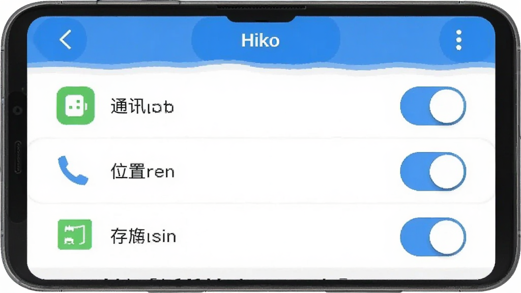 Hiko隐私设置界面截图,手机屏幕显示权限管理页面,包含通讯录、位置、存储等开关选项,界面风格扁平化,配色以蓝白为主,画质清晰无杂乱元素