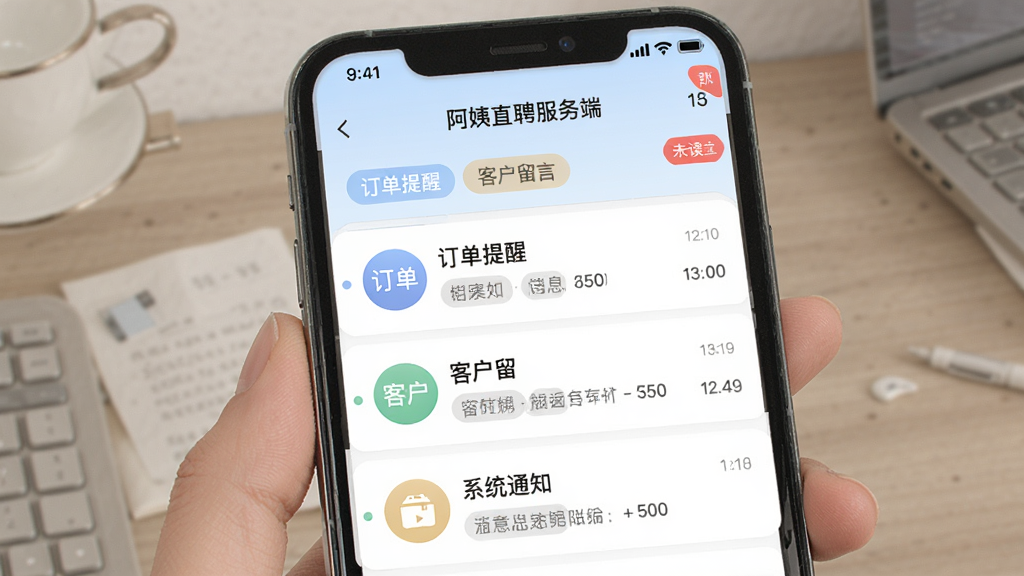 阿姨直聘服务端消息通知中心界面,手机屏幕显示消息列表,包含订单提醒、客户留言和系统通知分类标签,每条消息前有对应图标,界面顶部有未读数量角标,整体风格清爽直观,配色柔和,画质干净