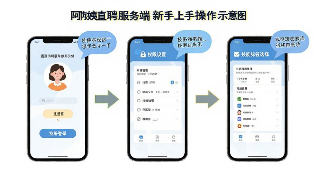阿姨直聘服务端新手上手操作示意图,画面展示一部手机屏幕分步骤显示注册登录、权限设置、技能标签选择三个界面,旁边配有箭头指引和提示气泡,风格扁平化教学图示,配色明快,画质干净清晰