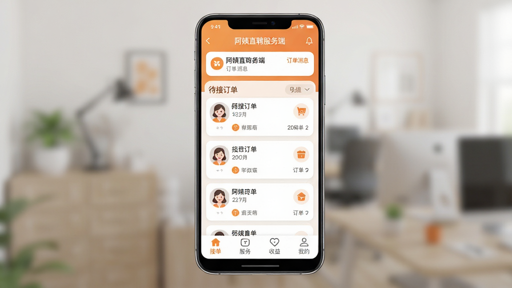 阿姨直聘服务端手机应用主界面全貌展示,画面中央是一部竖屏安卓手机,屏幕内显示阿姨直聘服务端APP首页,顶部有订单消息提示,中间是待接订单卡片列表,底部为接单、服务、收益、我的四个导航标签,整体配色以暖橙色和白色为主,风格简洁扁平化,细节圆润柔和,画质干净清晰,无多余装饰元素