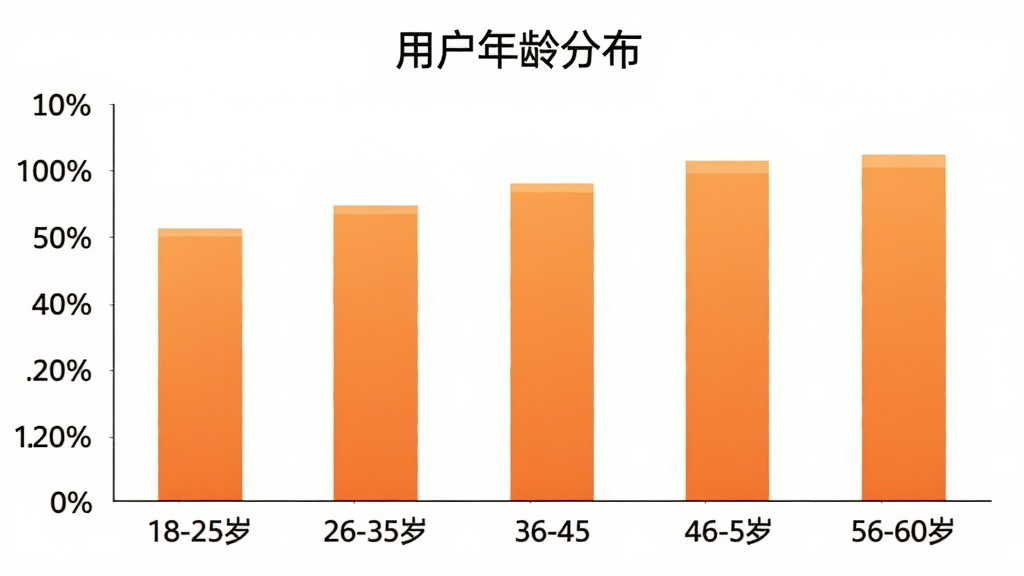 阿姨直聘服务端用户年龄分布柱状图,横轴标注18-25岁、26-35岁、36-45岁、46-55岁、56-60岁五个年龄段,纵轴为用户占比百分比,柱状颜色为橙色渐变,图表上方有标题