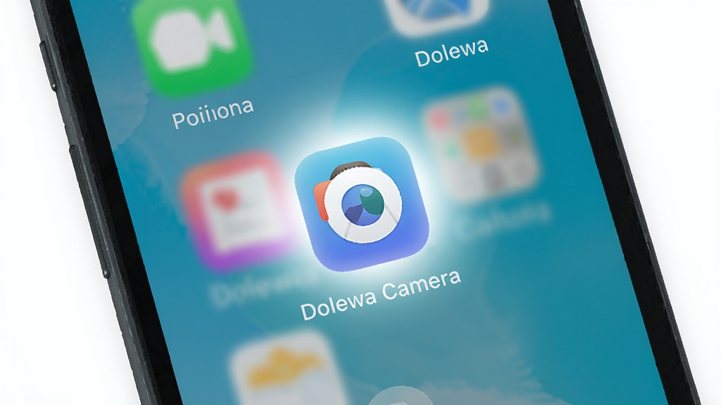 Dolewa Camera 快速启动场景图,手机主屏幕显示应用图标被点击的瞬间,图标周围有轻微的光效扩散,背景为简洁的手机桌面,图标下方显示应用名称,整体风格轻快明亮,细节清晰,画质干净,无多余元素