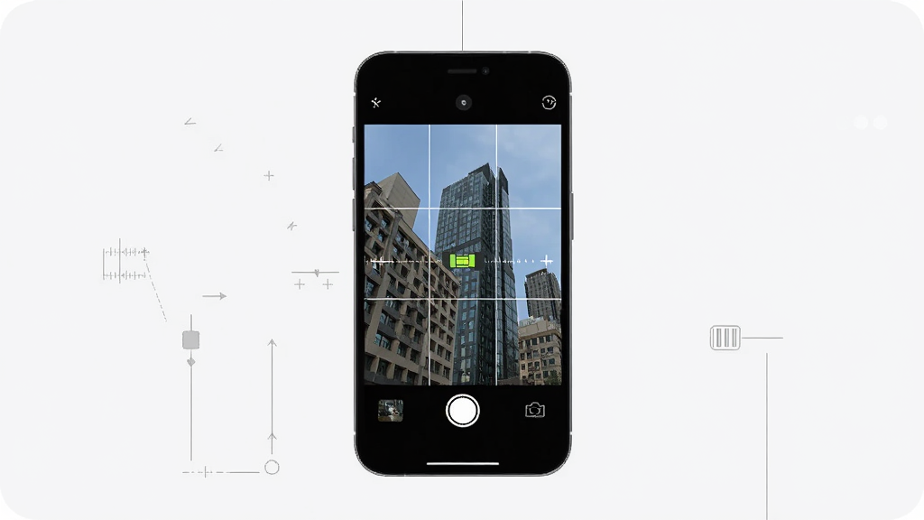 Dolewa Camera 构图辅助功能展示图,手机屏幕取景框内叠加三分构图网格线,画面中央有一条水平仪参考线,取景内容为城市建筑,界面简洁,白色线条纤细清晰,风格实用主义,画质干净,无多余元素