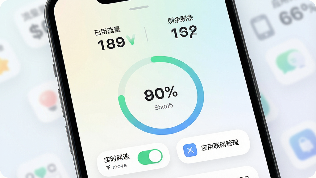 一张展示全能智享流量软件主界面的手机屏幕截图,画面中央是简洁的流量环形进度条,上方显示已用流量和剩余流量数字,下方排列着实时网速悬浮窗开关和应用联网管理入口,背景为浅色渐变,风格现代扁平,图标圆润,画质干净清晰,无多余元素