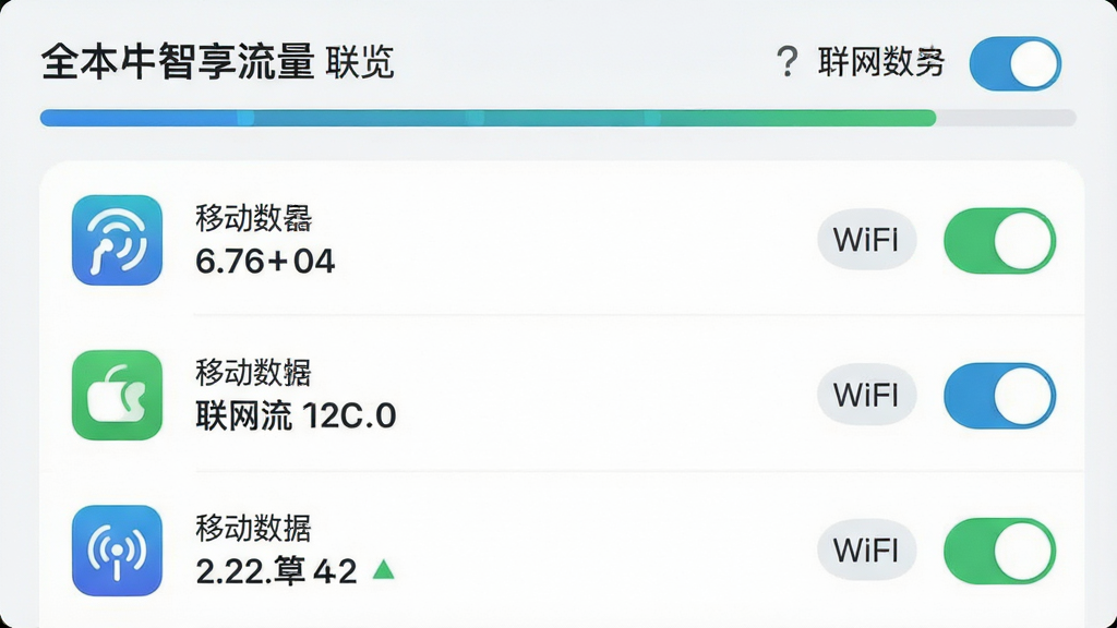 一张展示全能智享流量应用联网管理功能的界面图,画面中列出多个手机应用图标及对应的流量消耗数值,每个应用右侧有移动数据和WiFi的开关按钮,界面顶部有本月流量总览条,风格简洁明快,文字标签清晰,画质干净无杂乱元素