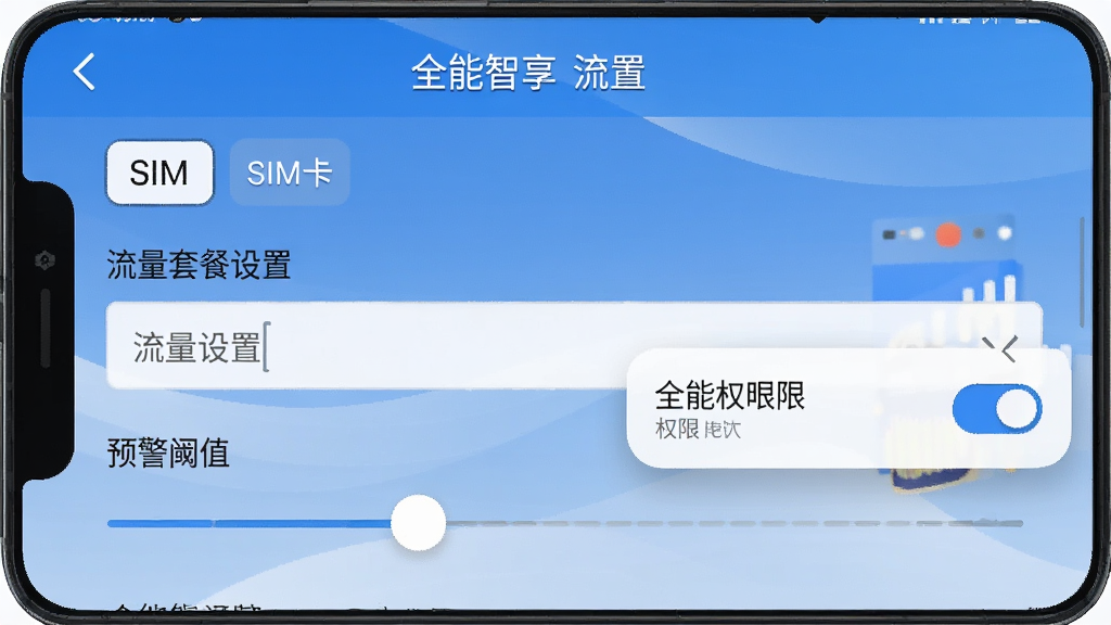 一张展示全能智享流量设置界面的手机截图,画面中包含SIM卡选择选项、流量套餐设置输入框、预警阈值滑块条以及悬浮窗权限开关,界面以蓝色调为主,布局规整,文字说明清晰,风格简洁实用,画质干净