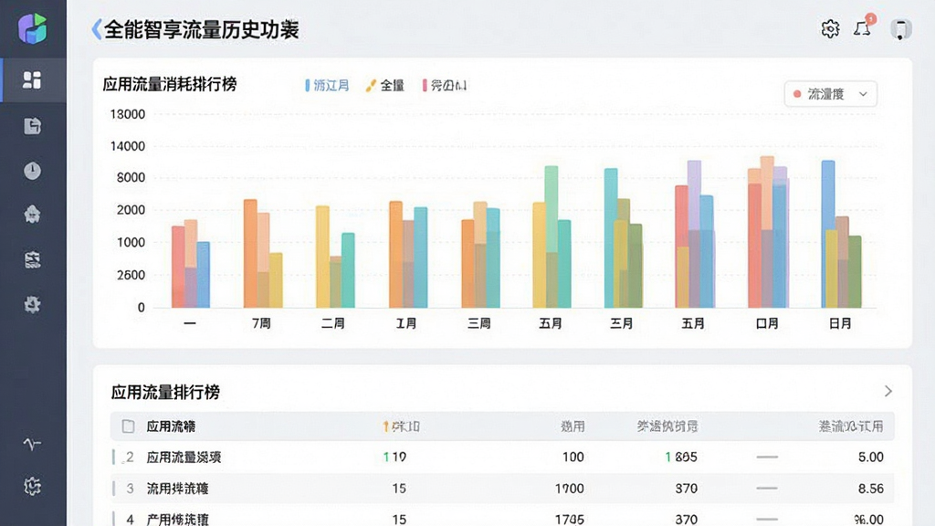 一张展示全能智享流量历史报表功能的界面图,画面中央是彩色的柱状图,横轴为一周日期,纵轴为流量数值,图表下方有应用流量消耗排行榜列表,整体布局清晰,配色柔和,风格现代扁平,画质干净无多余装饰