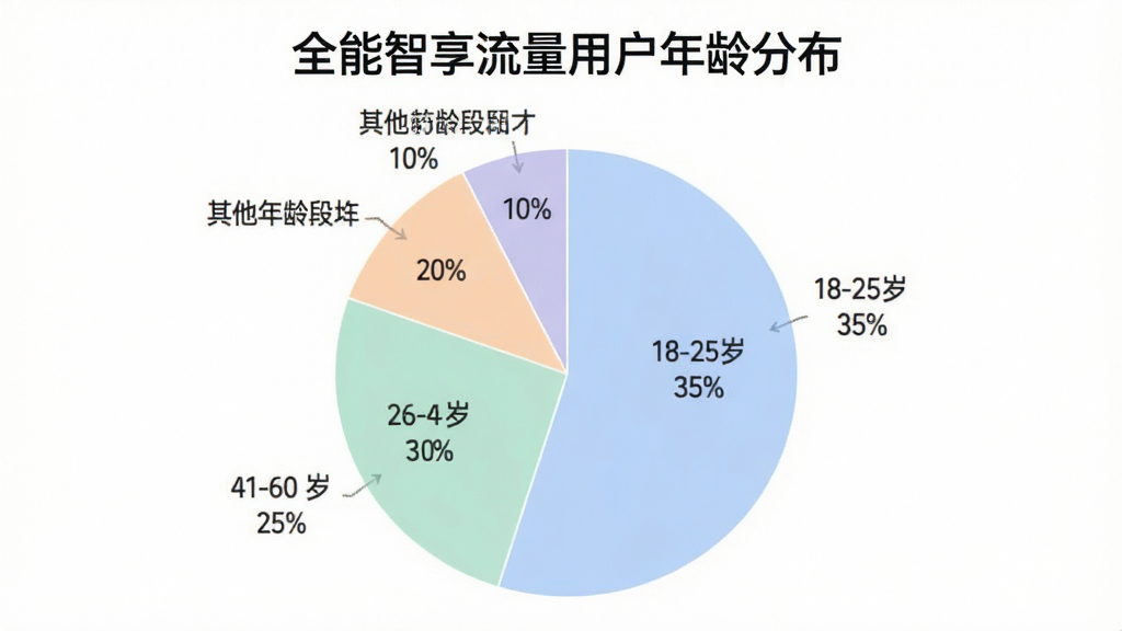 一张展示全能智享流量用户年龄分布的饼状图,图表中标注18-25岁占比35%,26-40岁占比30%,41-60岁占比25%,其他年龄段占比10%,配色柔和清晰,图表标题为“全能智享流量用户年龄分布”,风格简洁现代,画质干净无多余元素