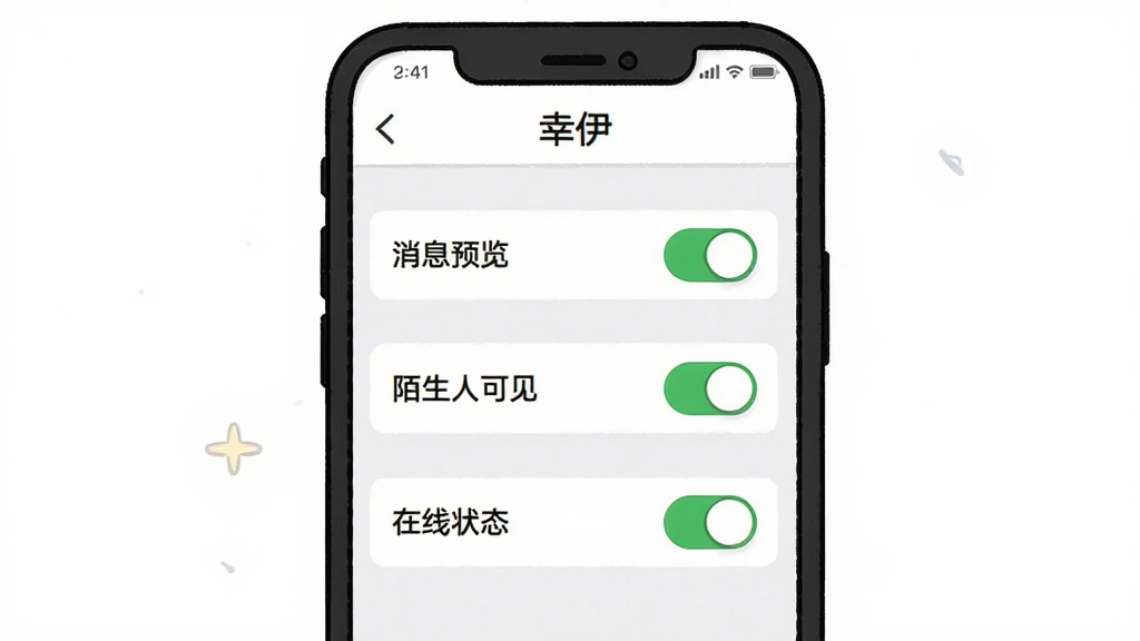 画面主体是“幸伊”应用内的隐私设置页面截图风格插画,页面列出“消息预览”“陌生人可见”“在线状态”三个开关选项,布局为手机屏幕竖版居中、选项纵向排列,风格为简洁设置界面UI图,细节要求开关状态有开有关、文字标签清晰、“幸伊”标题在页面顶部,画质干净无多余元素