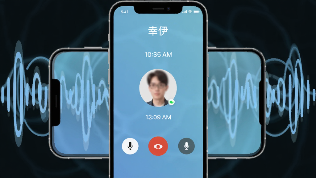 画面主体是一部手机横屏显示“幸伊”语音通话进行中的界面,屏幕中央是通话计时和联系人头像,两侧有静音和免提按钮,背景用淡蓝色声波纹理衬托,布局为手机居中、声波向两侧延展,风格为科技感扁平插画,细节要求头像区域模糊处理保护隐私、声波线条流畅、“幸伊”字样出现在屏幕顶部,画质干净无多余元素