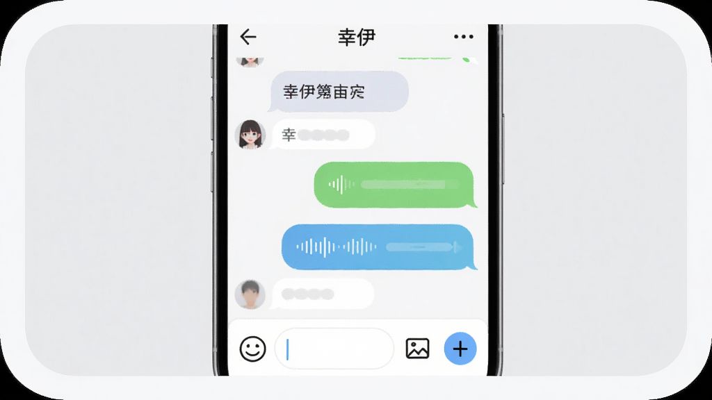 画面主体是“幸伊”应用内的聊天对话窗口特写,屏幕内展示文字气泡和语音条并列排布,底部输入框区域有表情、图片、加号三个圆形图标,布局为手机屏幕竖版居中,四周用浅灰色圆角矩形衬托,风格为清爽的移动端UI展示图,细节要求气泡边缘圆润、图标线条简洁、顶部显示“幸伊”字样,画质干净无多余元素