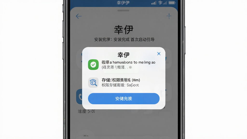 画面主体是一部手机屏幕显示“幸伊”安装完成后的首次启动引导页,页面上有通知权限和存储权限的授权提示弹窗,布局为手机竖版居中、弹窗位于屏幕中央,风格为移动端应用引导界面写实插画,细节要求权限图标清晰、按钮文字可见、“幸伊”应用名显示在弹窗标题处,画质干净无多余元素