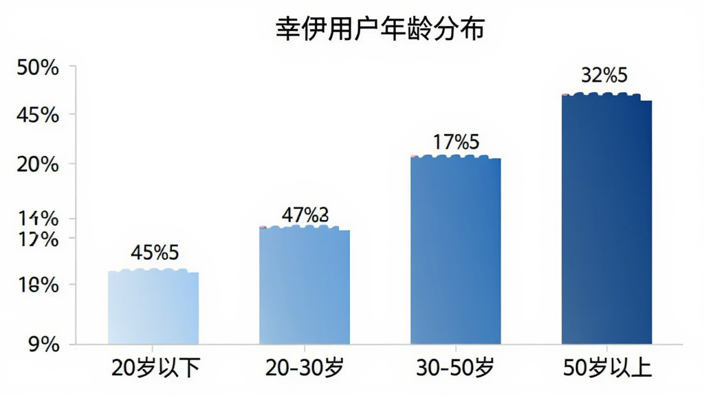 画面主体是一个横向柱状图展示“幸伊”用户年龄分布,柱子分别标注“20岁以下”“20-30岁”“30-50岁”“50岁以上”,柱体颜色由浅蓝到深蓝渐变,布局为图表居中、左侧纵轴标百分比刻度,风格为扁平数据可视化图表,细节要求数字标签清晰、标题写“幸伊用户年龄分布”、背景纯白,画质干净无多余元素