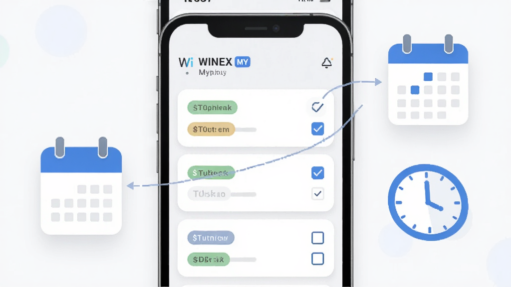 一张WiNEX MY任务看板功能的界面示意图,画面中手机屏幕显示任务卡片列表,每张卡片上有状态标签和勾选框,屏幕旁边漂浮着日历和时钟的简化图标,风格现代扁平,蓝白主色调,画质干净无杂乱元素