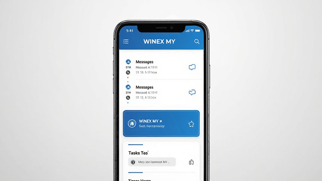 一张展示WiNEX MY应用界面的手机样机图,画面中央是手机屏幕,屏幕内显示WiNEX MY的首页,布局包含消息列表和任务卡片,顶部有WiNEX MY字样,整体风格简洁清爽,蓝白配色,背景为浅灰色渐变,画质干净清晰,无多余元素