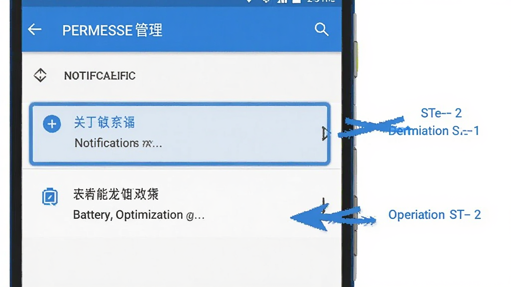 一张手机设置界面的示意图,画面展示安卓系统的权限管理页面,高亮标注通知权限和电池优化选项,旁边有箭头指示操作步骤,风格简洁明了,蓝白配色,画质干净