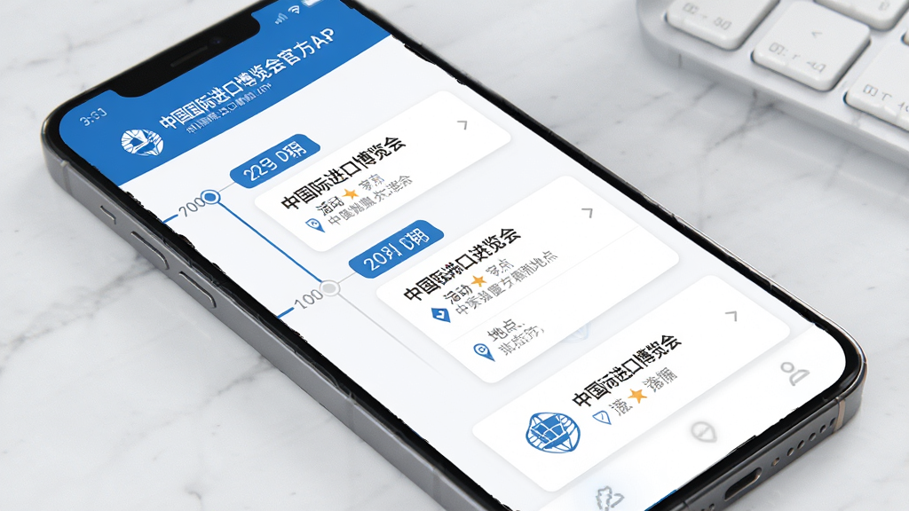中国国际进口博览会官方APP活动日程与资讯页面,手机屏幕展示日程时间轴和通知卡片,包含日期标签、活动标题和地点信息,配色以进博会主题蓝为主,辅以白色卡片,排版清晰,风格商务简洁,细节干净,画质清晰,无多余元素
