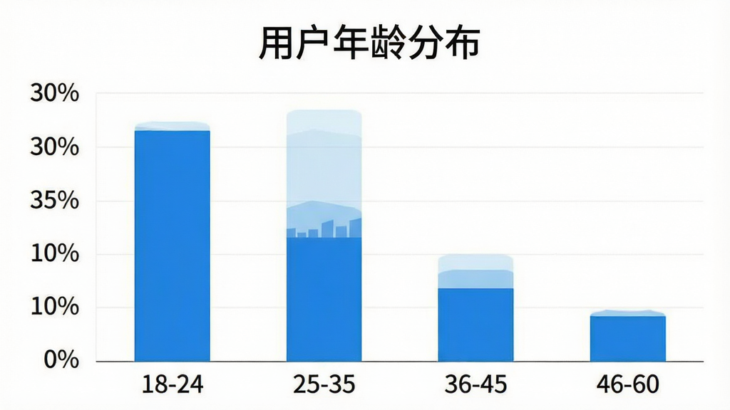 中国国际进口博览会官方APP用户年龄分布柱状图,画面为简洁的数据图表,横轴为年龄段18-24、25-35、36-45、46-60,纵轴为百分比,柱体为进博会主题蓝色,图表上方有标题“用户年龄分布”,背景干净,风格商务扁平,文字清晰,画质干净,无多余元素