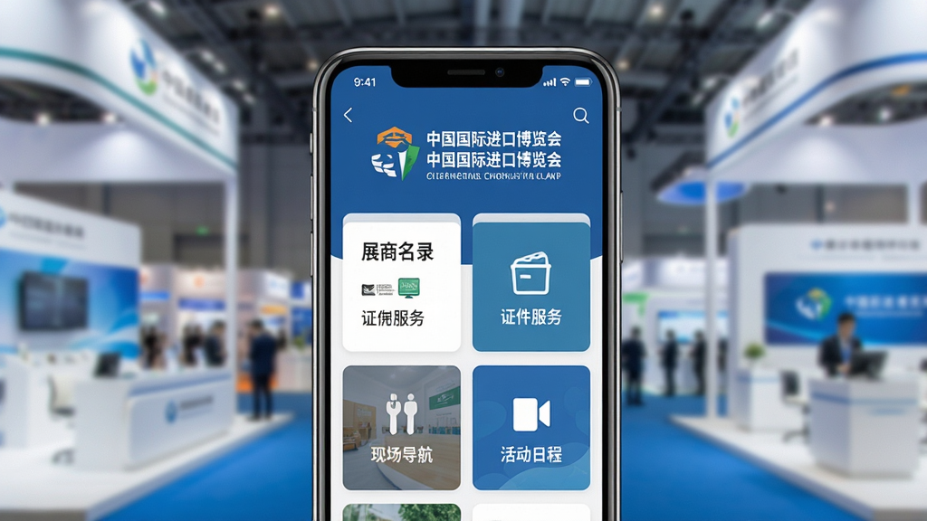中国国际进口博览会官方APP主界面全貌展示,画面中央是一部智能手机,屏幕显示进博会官方APP首页,顶部有“中国国际进口博览会”字样与进博会标识,页面包含展商名录、证件服务、现场导航、活动日程等功能入口卡片,背景为简洁的展会大厅虚化场景,主体突出,布局居中对称,风格现代商务扁平化,细节清晰,画质干净,无多余元素