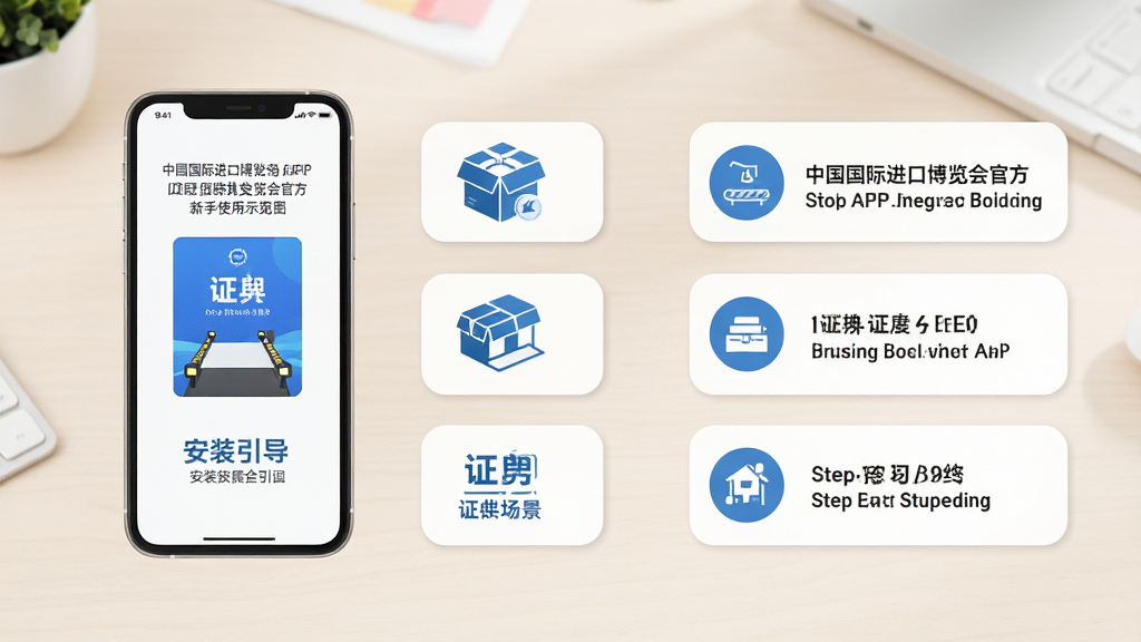 中国国际进口博览会官方APP新手使用场景示意图,画面展示手机屏幕上的安装引导与证件页面,旁边有简洁的步骤提示图标,背景为浅色办公桌面,主体为手机与步骤卡片,布局左图右文,风格清新扁平,细节清晰,画质干净,无多余元素