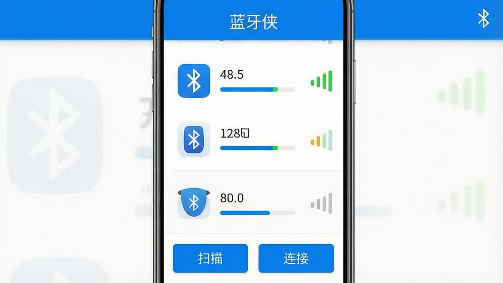 一张手机屏幕展示蓝牙设备列表的界面截图,画面中央是「蓝牙侠」软件的主界面,顶部标题栏写着「蓝牙侠」,中间排列着附近蓝牙设备的图标和信号强度条,底部是扫描和连接按钮,蓝白配色,扁平化设计,风格清爽简洁,细节干净无多余元素,画质清晰