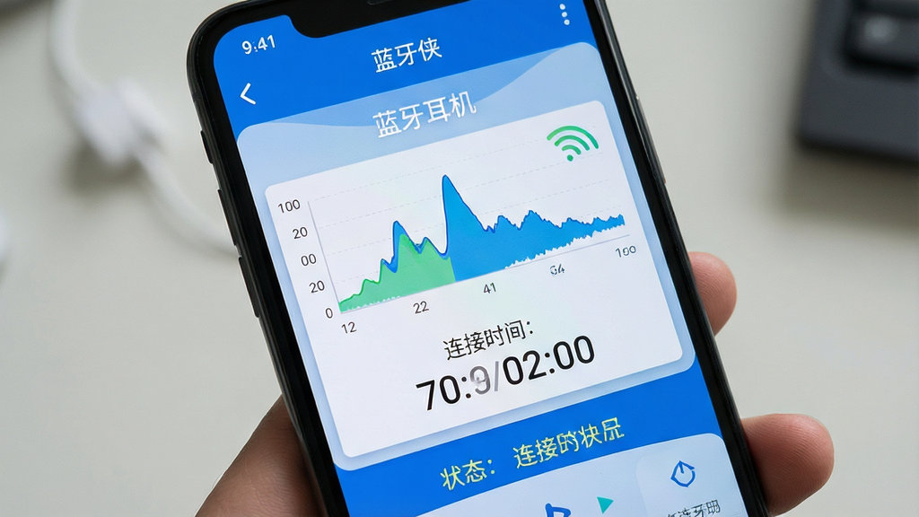 手机屏幕显示「蓝牙侠」连接状态监控页面,画面中央有信号强度波形图和连接时长计时器,顶部显示设备名称「蓝牙耳机」,底部有状态提示文字,界面以蓝色为主色调,数据可视化清晰,风格干净利落,画质清晰