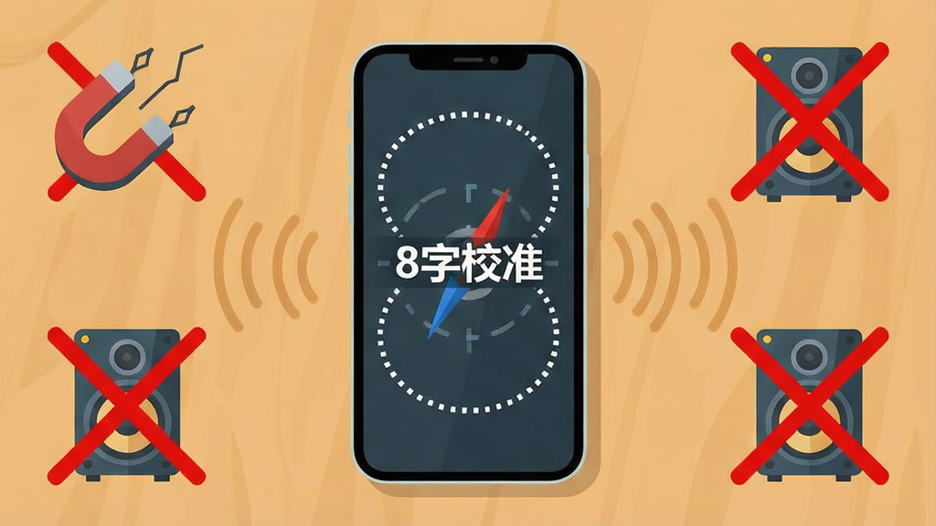 一张展示指南针罗盘校准过程的示意图。画面主体是一部手机平放在桌面,屏幕上显示着「8字校准」的动画提示,一个虚线构成的8字轨迹环绕手机。布局上手机位于画面中央,周围用简洁的图标标示出磁场干扰源(如磁铁、音箱)并打上红色的叉号。风格为扁平化信息图,细节上图标清晰易懂,色彩对比鲜明。画质干净,无多余元素,整体用于说明校准的必要性。