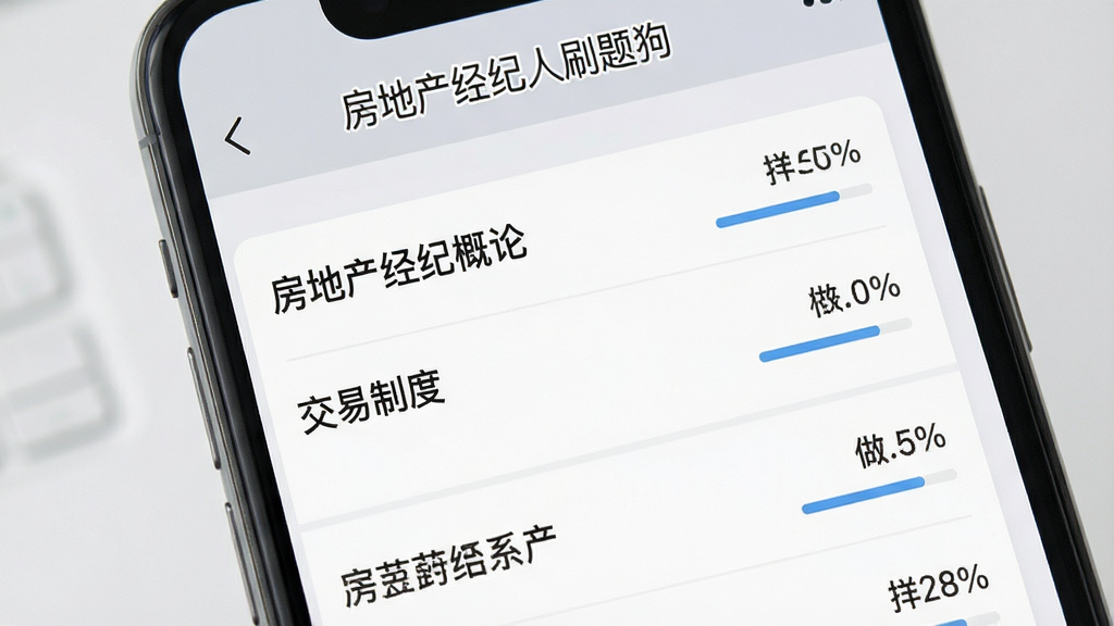 一张展示房地产经纪人刷题狗章节练习界面的图片,主体为手机屏幕特写,屏幕中显示“房地产经纪人刷题狗”的章节列表,包含房地产经纪概论、交易制度等条目,每条右侧有做题进度百分比,背景为浅灰色,布局整齐,风格简约商务,画质清晰干净,无杂乱图标
