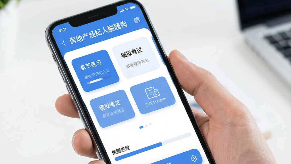 一张展示房地产经纪人刷题狗软件核心界面的图片,主体为一部智能手机,屏幕显示蓝白色调的刷题App界面,上方有“房地产经纪人刷题狗”字样,中间是章节练习和模拟考试的卡片式按钮,下方是做题进度条,布局清晰简洁,风格现代扁平化,细节圆润,画质干净明亮,无多余元素