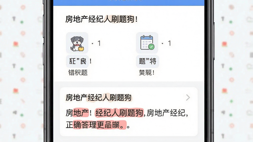 一张展示房地产经纪人刷题狗错题解析界面的图片,主体为手机屏幕,屏幕中显示一道房地产经纪实务的选择题,下方有“房地产经纪人刷题狗”的解析文本框,用红色标注了正确答案,布局清晰,风格教育类App扁平设计,细节干净,画质明亮无多余装饰
