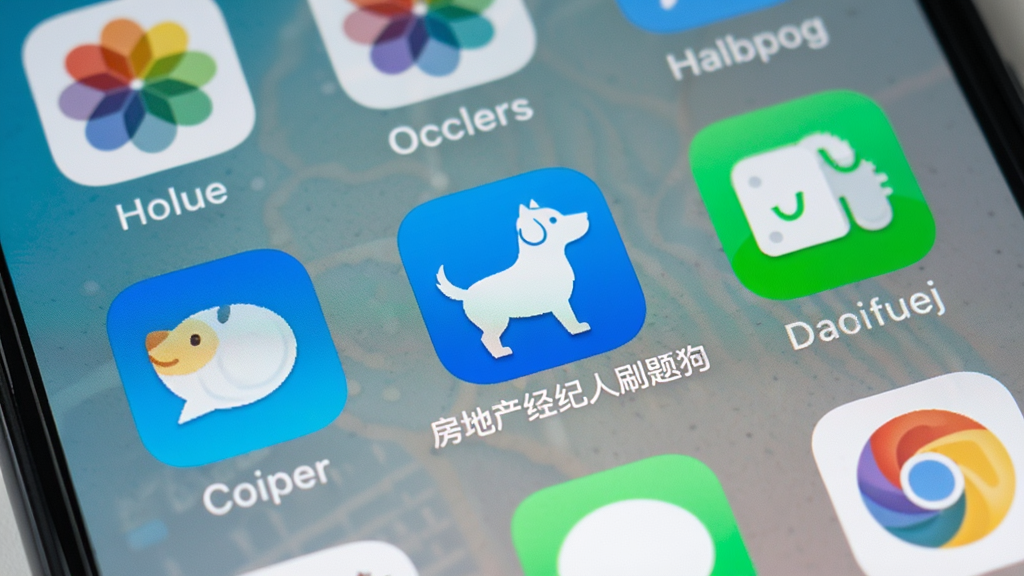 一张展示房地产经纪人刷题狗在手机桌面上安装完成的图片,主体为手机主屏幕特写,屏幕中央有“房地产经纪人刷题狗”的App图标,图标为蓝底白色小狗剪影风格,周围有其他常用应用图标,布局规整,风格生活化,画质清晰干净,无杂乱元素