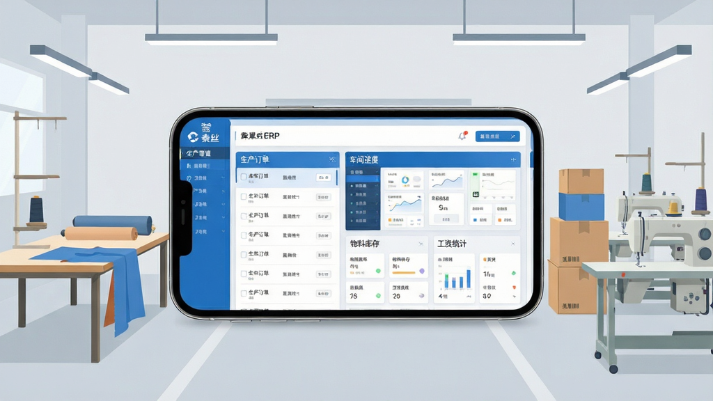 一张展示秦丝生产ERP系统核心全貌的场景图,画面中央是一台横向放置的智能手机,手机屏幕上显示秦丝生产ERP系统的生产管理主界面,包含生产订单列表、车间进度看板、物料库存卡片和工资统计模块,界面以蓝白为主色调,布局清晰;手机周围环绕着工厂车间元素,左侧是裁剪布料的工作台,右侧是堆叠的物料箱和缝纫设备,背景为浅灰色车间环境,风格现代扁平,光线明亮柔和,画质干净锐利,无多余文字与杂乱元素