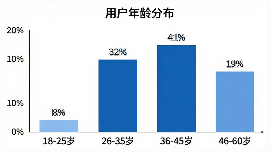 秦丝生产ERP系统用户年龄分布柱状图,画面为一张简洁的数据图表,横轴标注年龄段“18-25岁”“26-35岁”“36-45岁”“46-60岁”,纵轴为人数占比百分比,四根柱子分别显示约8%、32%、41%、19%的数值,柱子颜色为深浅不一的蓝色,图表上方有标题“用户年龄分布”,背景为白色,风格干净商务,数字标注清晰,画质锐利无多余元素