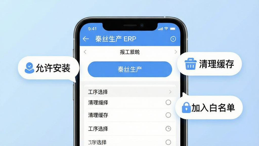秦丝生产ERP系统手机端操作指引图,画面展示一部手机屏幕的特写,屏幕上显示秦丝生产ERP系统的报工界面,界面中有大号按钮和工序选择列表,手机旁边漂浮着几个提示气泡,分别写着“允许安装”“清理缓存”“加入白名单”字样,背景为浅蓝色渐变,风格扁平清新,图标圆润,画质干净无多余元素