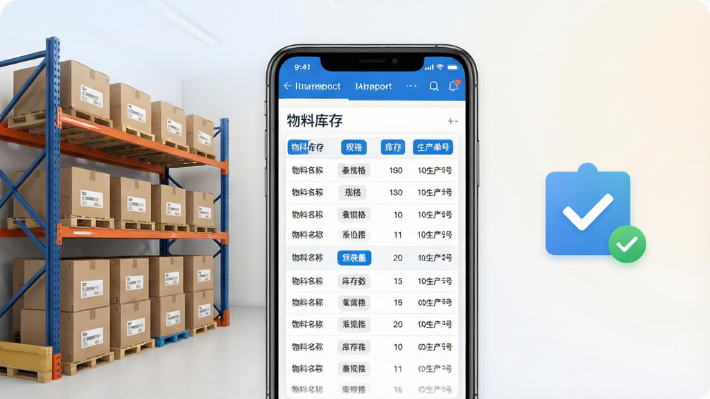 秦丝生产ERP系统物料管理功能展示图,画面中心是一部手机,屏幕显示物料库存列表与领料出库记录界面,表格中清晰排列物料名称、规格、库存数量和对应生产单号,界面以白色卡片配蓝色高亮标签呈现;手机左侧画一个敞开的物料仓库货架,货架上整齐摆放着贴有标签的物料箱,右侧画一个带对勾的库存预警图标,背景为浅色渐变,风格简洁商务,细节干净,画质清晰无杂乱元素