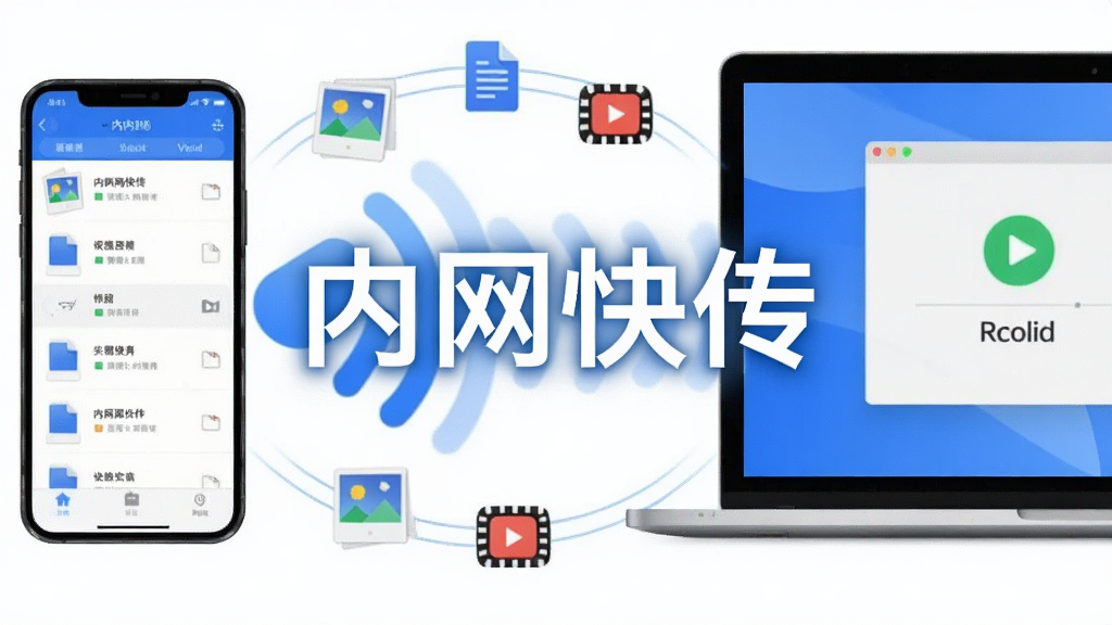 一张展示手机与笔记本电脑通过WiFi信号连接进行文件互传的场景图,画面中央是“内网快传”四个大字,手机屏幕显示文件列表,电脑屏幕显示接收界面,周围有照片、文档、视频的小图标沿着无线信号路径流动,风格简洁现代,蓝白配色,画质干净清晰,无多余元素