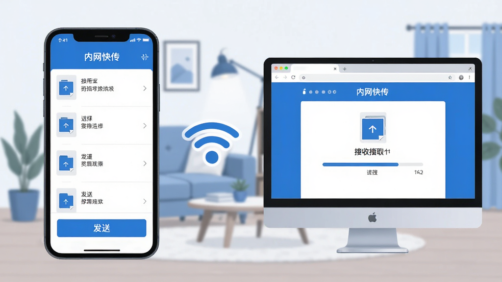 一张展示“内网快传”在手机端和电脑浏览器端同时操作的界面图,左侧手机屏幕显示文件选择列表和“发送”按钮,右侧电脑屏幕显示浏览器接收页面和进度条,中间用WiFi信号图标连接,背景是家庭客厅环境,风格扁平化,蓝白主色调,文字清晰,画质干净