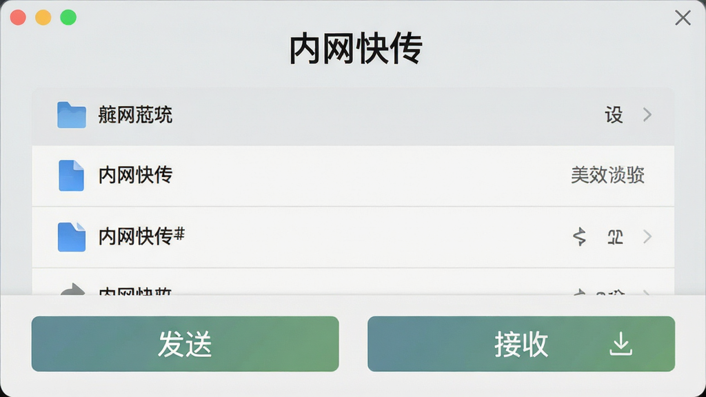 一张展示“内网快传”应用界面的特写图,画面中央是干净的文件传输列表,顶部有“内网快传”字样,底部有“发送”和“接收”两个大按钮,界面无任何广告横幅,背景是浅灰色,风格极简,文字清晰,画质干净
