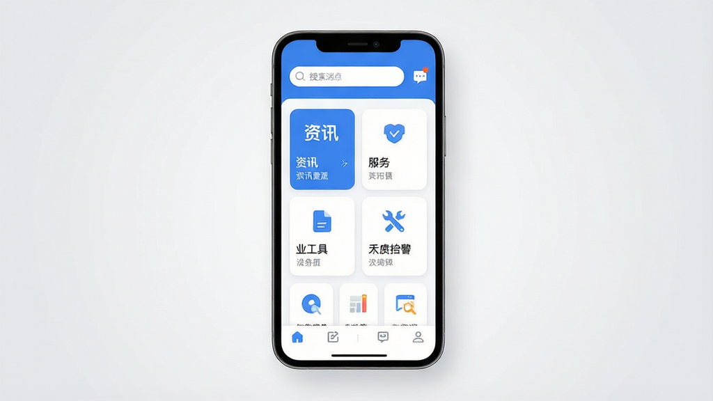 一张展示数字众智服务平台核心界面的手机样机图,画面中央是手机屏幕,屏幕内显示数字众智服务平台首页,顶部有搜索栏和消息图标,中部为功能卡片网格布局包含资讯、服务、工具等入口,底部为导航栏,整体配色以蓝白为主,风格简洁现代扁平化,细节圆润,画质干净清晰,背景为浅灰色渐变,无多余装饰元素