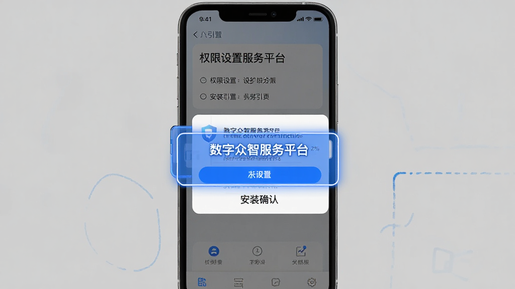 数字众智服务平台安装引导页面示意图,手机屏幕显示权限设置和安装确认弹窗,界面风格简洁,带有蓝色高亮提示框,画质清晰干净,背景为纯色,无多余装饰