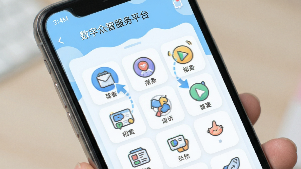 数字众智服务平台个性化设置界面,手机屏幕展示快捷面板编辑模式,图标带有拖拽动画效果,界面以浅蓝色调为主,风格轻松活泼,布局清晰,画质干净,无多余文字装饰