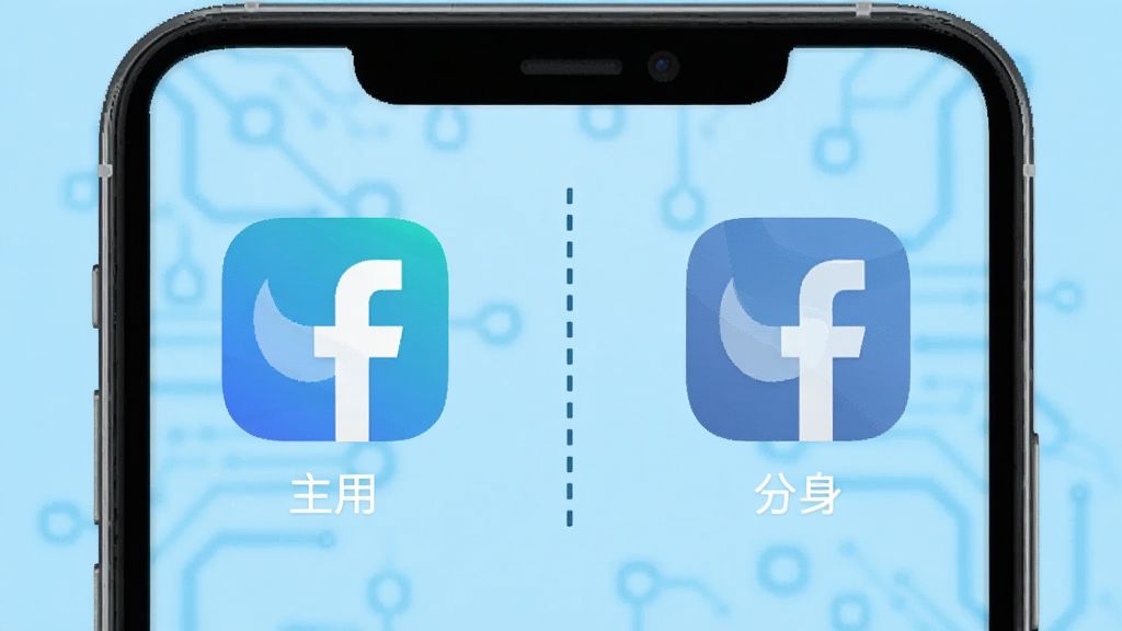一部手机屏幕上同时显示两个相同的社交应用图标,一个标注主应用一个标注分身,中间用虚线隔开表示数据隔离,背景为科技感浅蓝色,风格扁平化设计,细节清晰,画质干净无多余元素