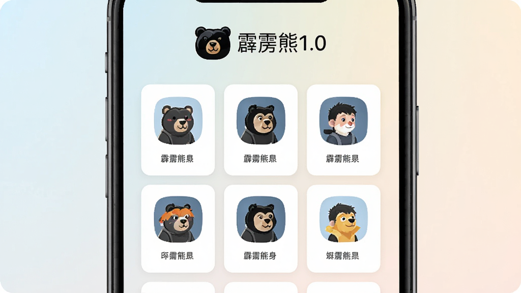 一张展示霹雳熊1.0应用主界面的手机屏幕截图,画面中央是简洁的卡片式应用分身列表,背景为浅色渐变,顶部有霹雳熊1.0的熊头图标和文字标识,风格清爽现代,细节干净,画质清晰,无多余元素