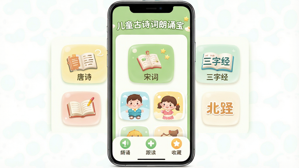 儿童古诗词朗诵宝应用主界面全貌展示,手机屏幕居中,浅绿色与白色为主色调,顶部显示软件名称“儿童古诗词朗诵宝”,中间是古诗词分类卡片列表,包含唐诗、宋词、三字经等图标,底部为朗诵、跟读、收藏三个选项卡,整体风格清新童趣,细节圆润,画质干净无多余元素