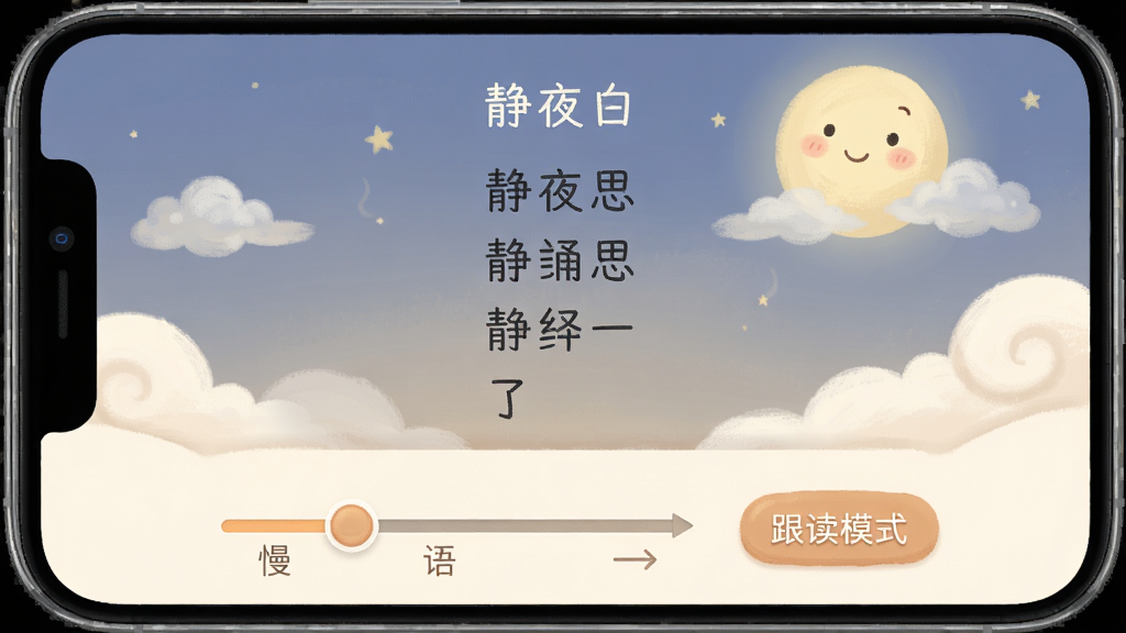 儿童古诗词朗诵宝语速调节功能界面,手机屏幕显示古诗词《静夜思》朗诵页面,下方有语速滑块从慢到快,旁边标注“跟读模式”按钮,界面配色柔和,背景有淡淡的月亮和云朵插画,风格温馨童趣,画质清晰干净