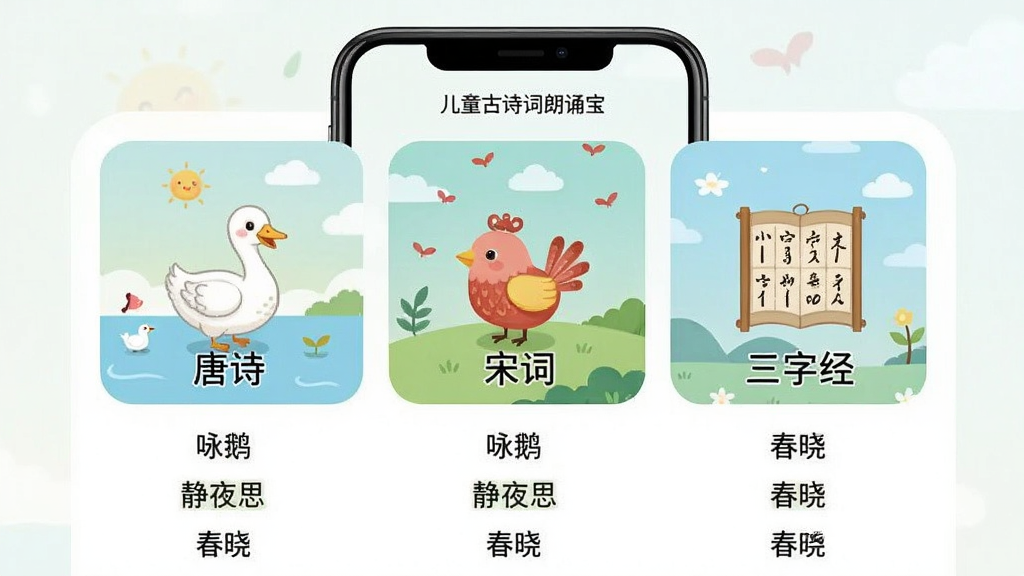 儿童古诗词朗诵宝诗词分类页面,手机屏幕展示“唐诗”“宋词”“三字经”三个大分类卡片,每个卡片上有对应的插画图标,下方列出具体诗名列表如“咏鹅”“静夜思”“春晓”,界面排版整齐,配色清新,风格简洁童趣,画质干净