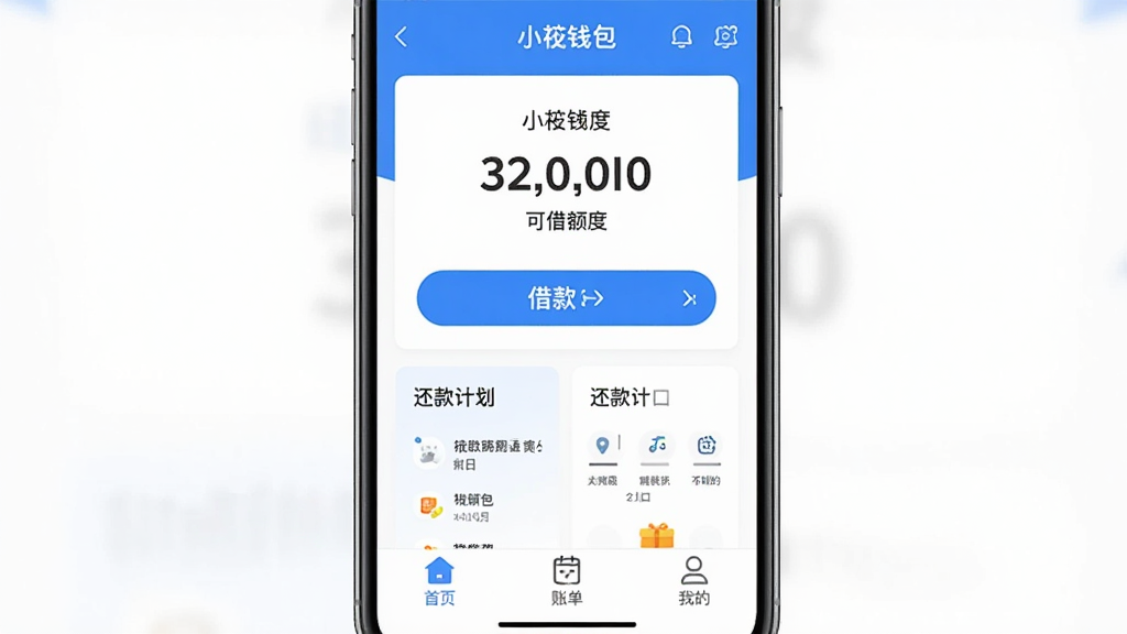 һ���ֻ�Ӧ�ý����ͼ�����������ǡ�С��Ǯ����APP����ҳ��������ʾ�ɽ������֣��м�Ϊ��ť�ͻ���ƻ���ڣ��ײ�����������ҳ���˵����ҵ�����ͼ�꣬������ɫΪ������䣬������ִ������������ɾ����޶���װ��Ԫ��
